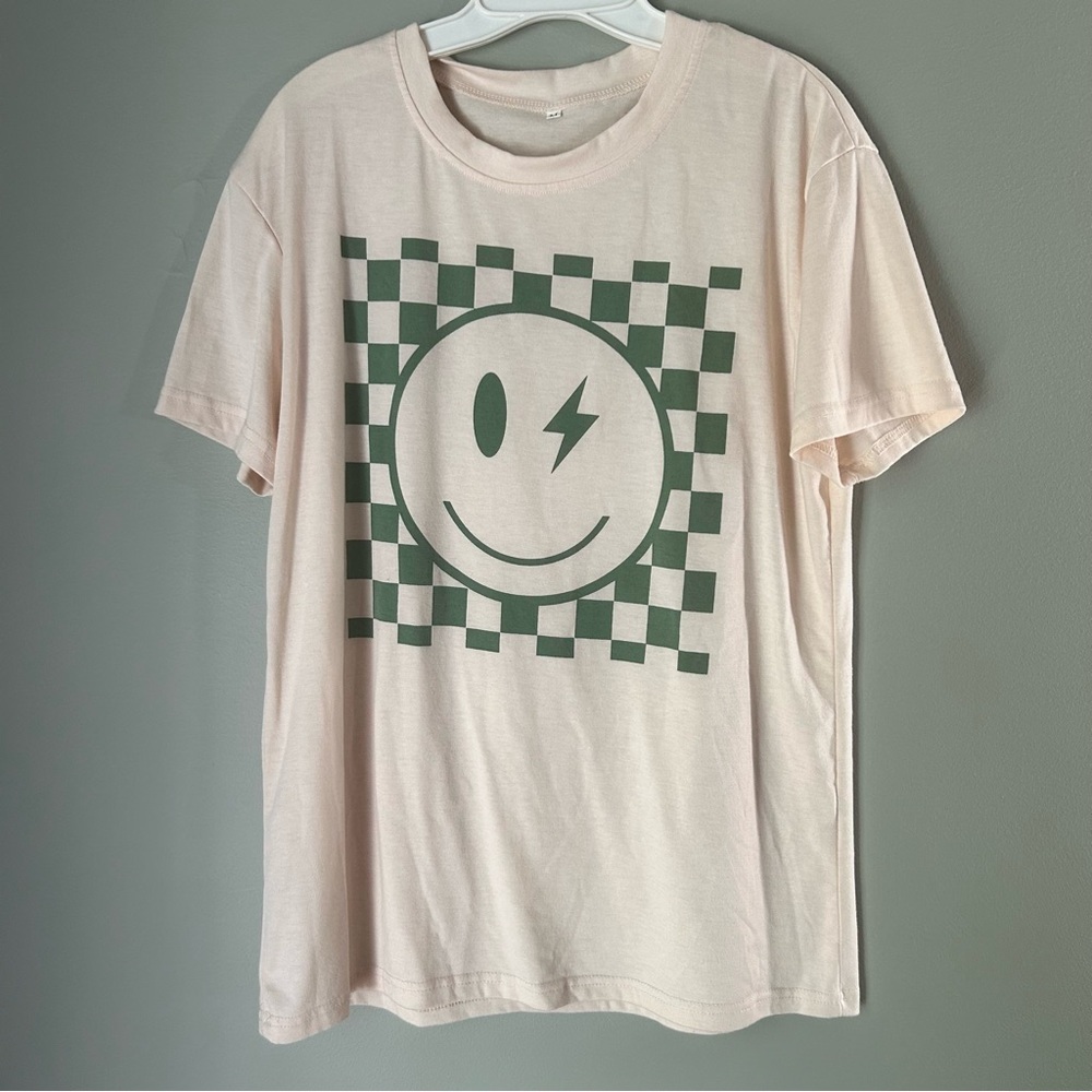 Cream T-Shirt with Green Checkered Smiley